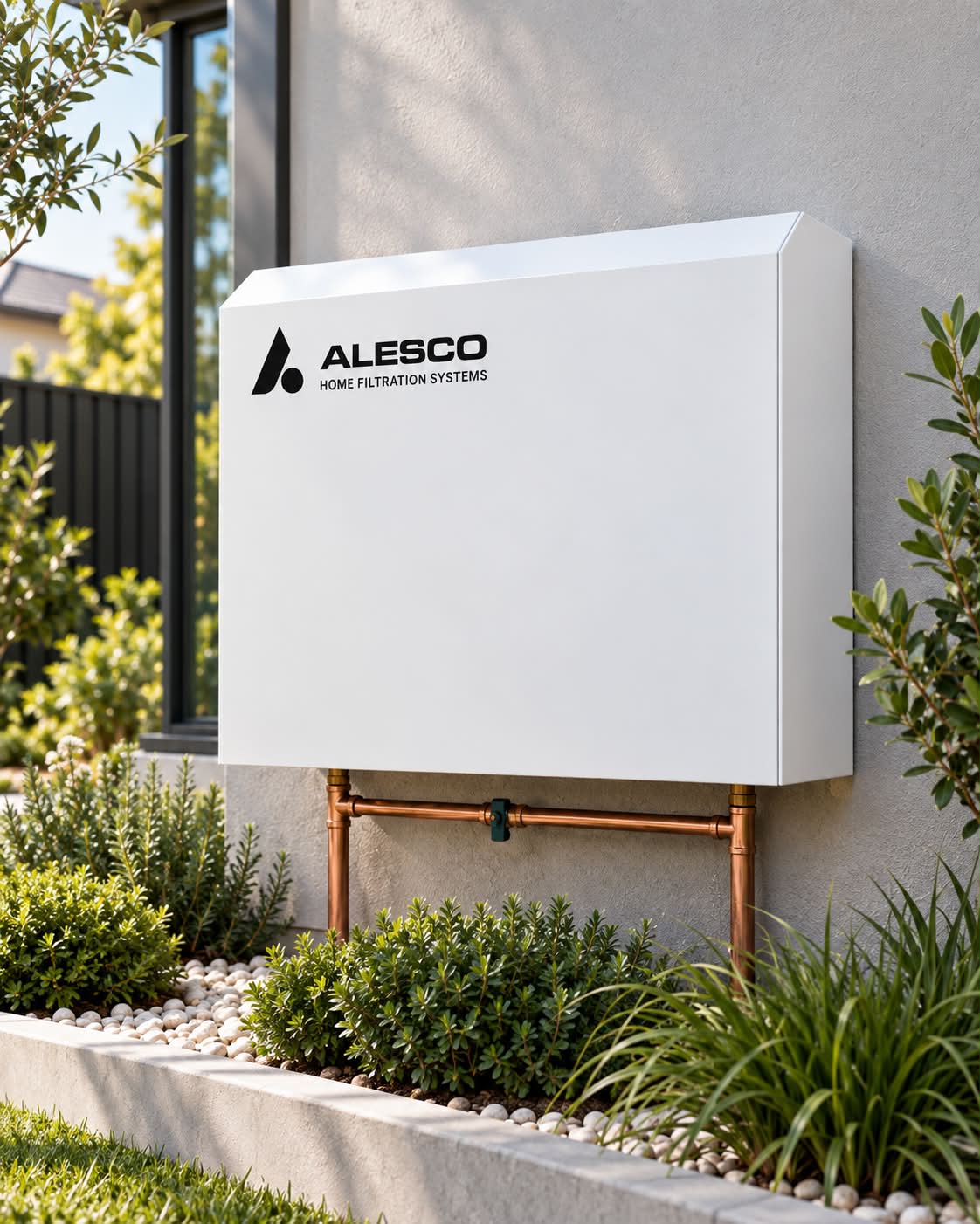 White home filtration cabinet installed beside a home